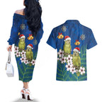 New Zealand Kakapo Christmas Couples Matching Off The Shoulder Long Sleeve Dress and Hawaiian Shirt Owl Parrot Santa Sliver Fern Manuka - Blue - Aussie Hoodie