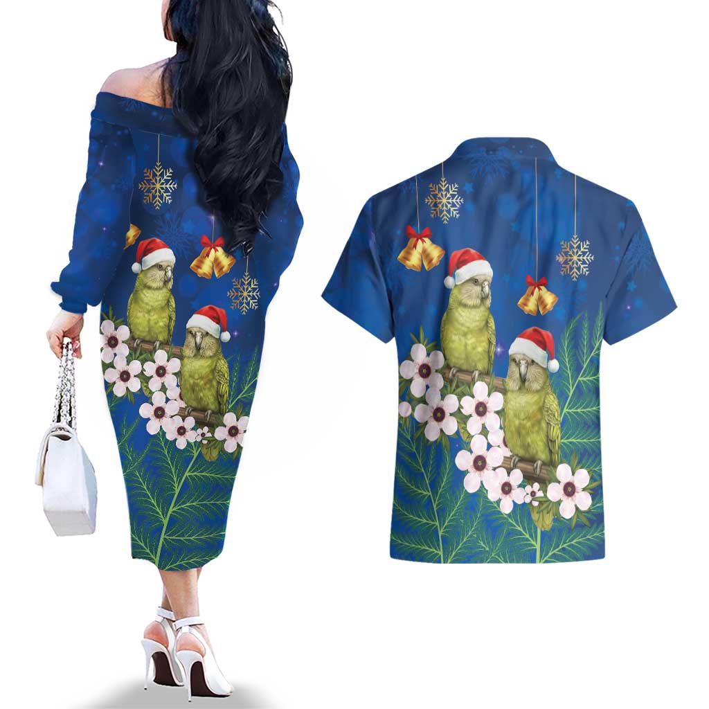 New Zealand Kakapo Christmas Couples Matching Off The Shoulder Long Sleeve Dress and Hawaiian Shirt Owl Parrot Santa Sliver Fern Manuka - Blue - Aussie Hoodie
