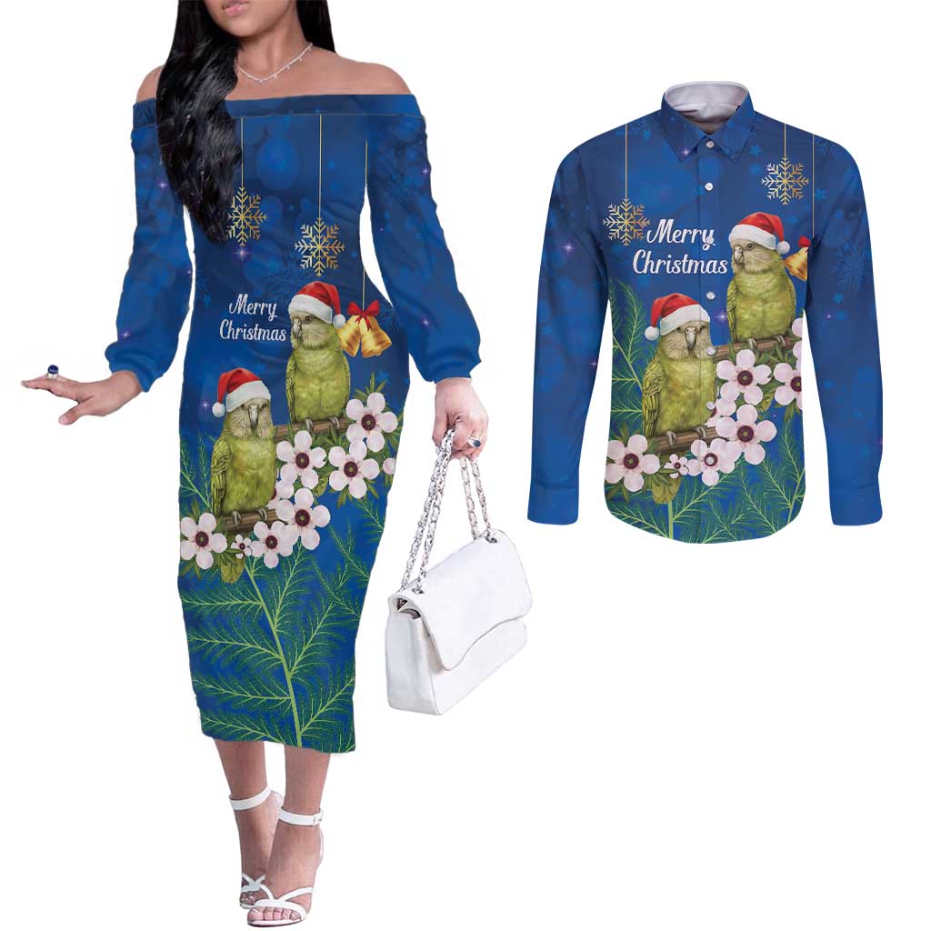 New Zealand Kakapo Christmas Couples Matching Off The Shoulder Long Sleeve Dress and Long Sleeve Button Shirt Owl Parrot Santa Sliver Fern Manuka - Blue - Aussie Hoodie