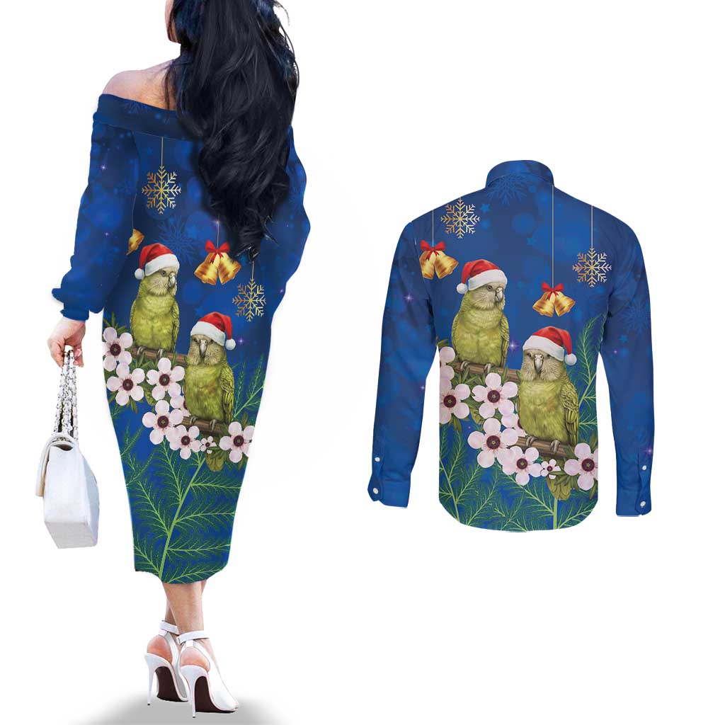 New Zealand Kakapo Christmas Couples Matching Off The Shoulder Long Sleeve Dress and Long Sleeve Button Shirt Owl Parrot Santa Sliver Fern Manuka - Blue - Aussie Hoodie