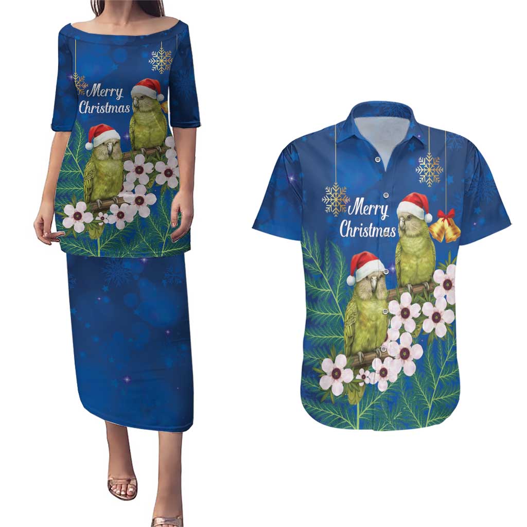 New Zealand Kakapo Christmas Couples Matching Puletasi and Hawaiian Shirt Owl Parrot Santa Sliver Fern Manuka - Blue - Aussie Hoodie