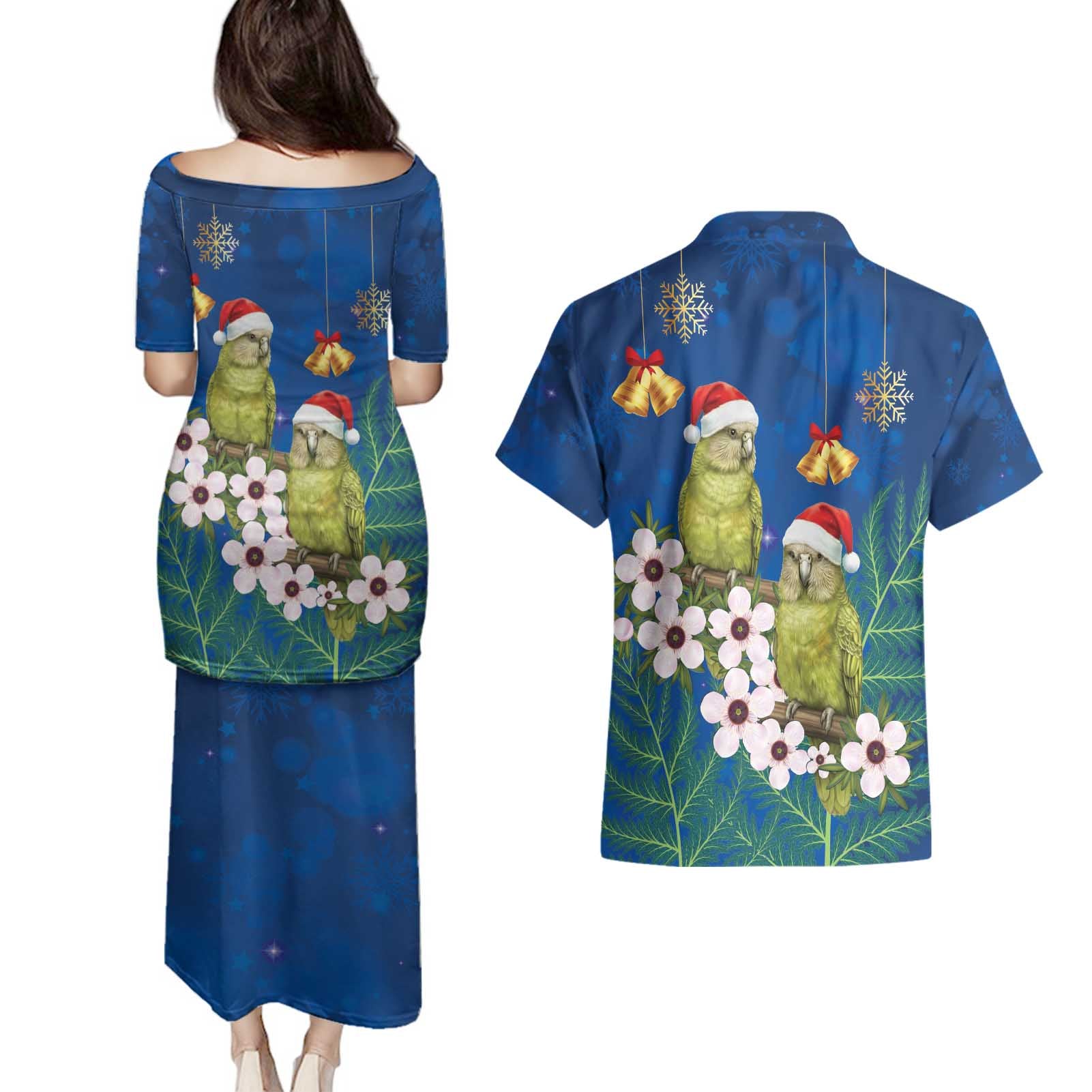 New Zealand Kakapo Christmas Couples Matching Puletasi and Hawaiian Shirt Owl Parrot Santa Sliver Fern Manuka - Blue - Aussie Hoodie