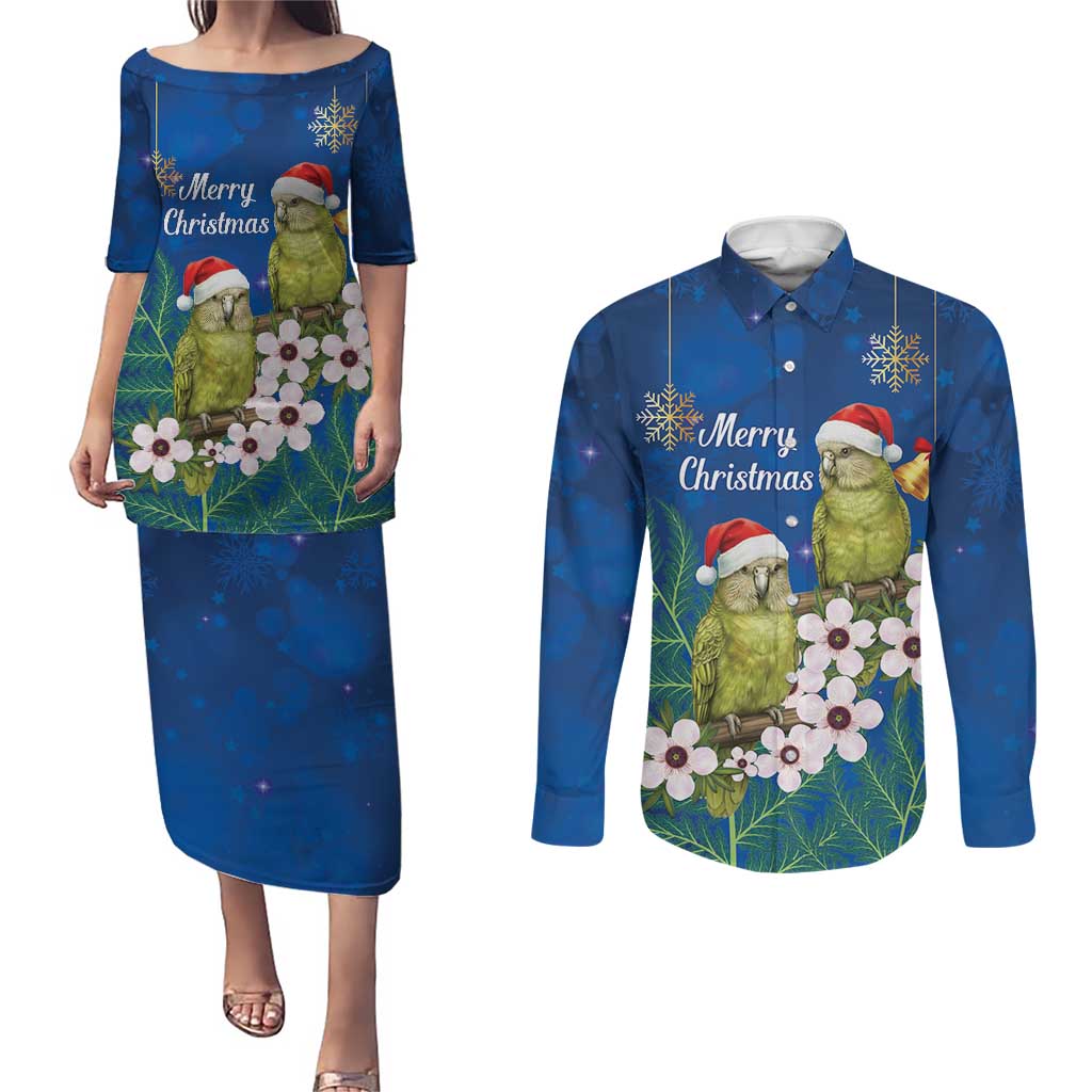 New Zealand Kakapo Christmas Couples Matching Puletasi and Long Sleeve Button Shirt Owl Parrot Santa Sliver Fern Manuka - Blue - Aussie Hoodie