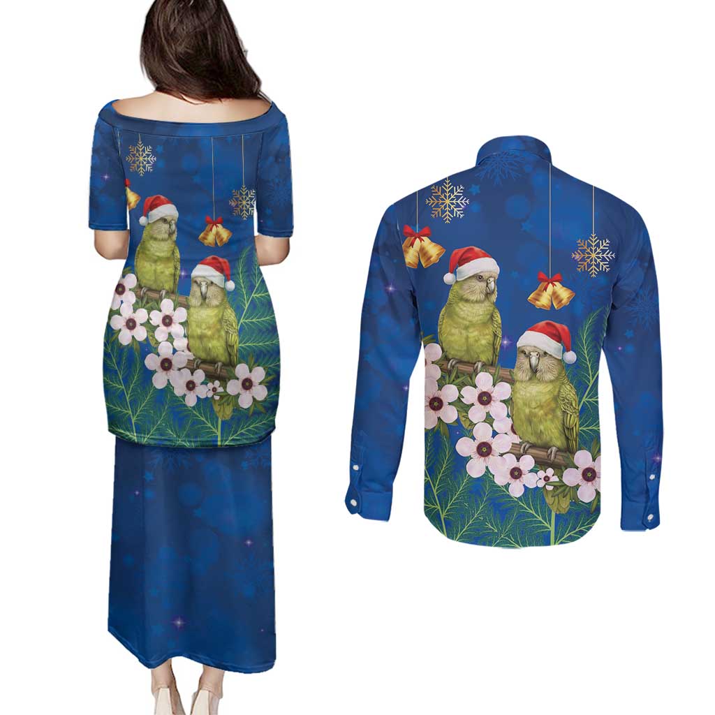 New Zealand Kakapo Christmas Couples Matching Puletasi and Long Sleeve Button Shirt Owl Parrot Santa Sliver Fern Manuka - Blue - Aussie Hoodie