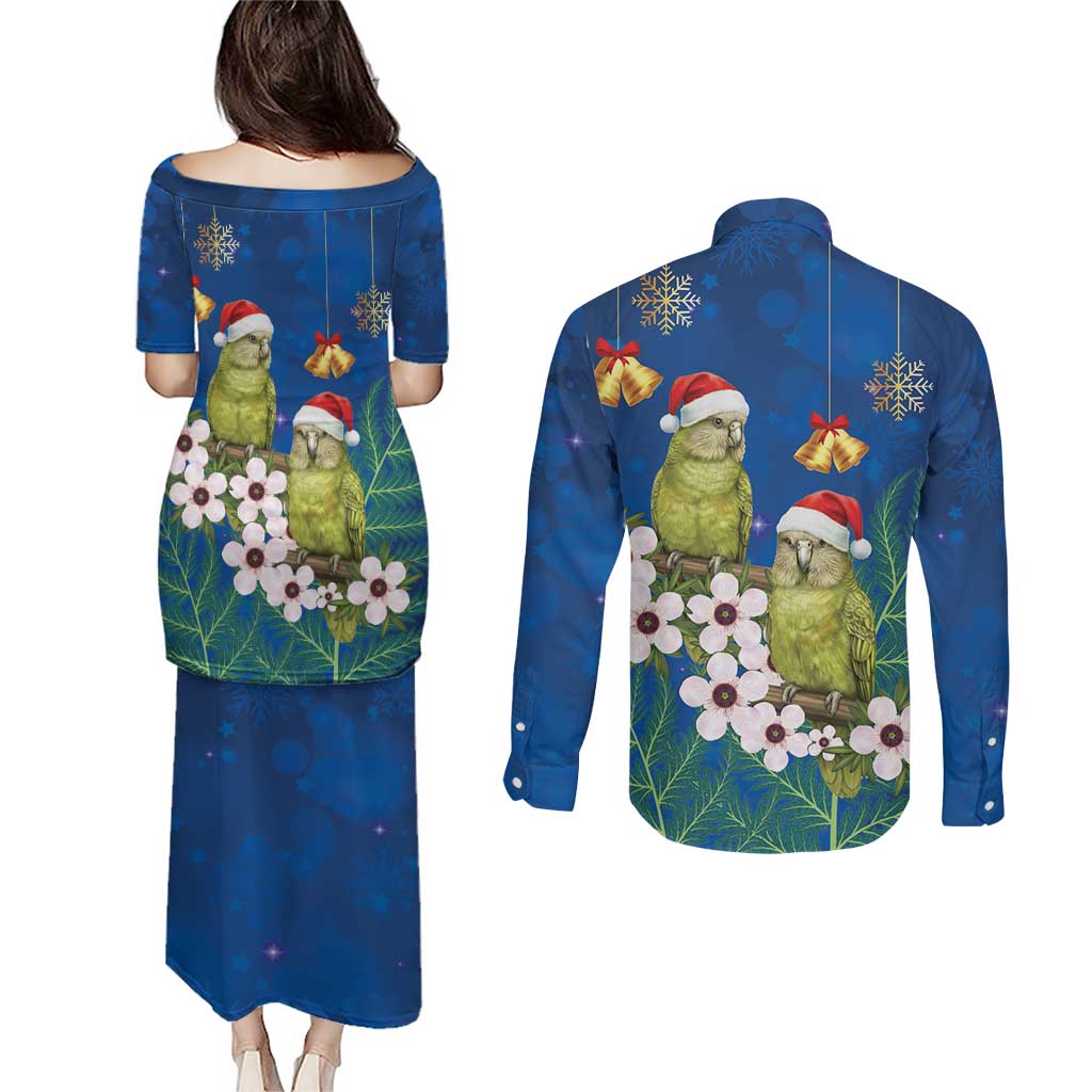 New Zealand Kakapo Christmas Couples Matching Puletasi and Long Sleeve Button Shirt Owl Parrot Santa Sliver Fern Manuka - Blue - Aussie Hoodie