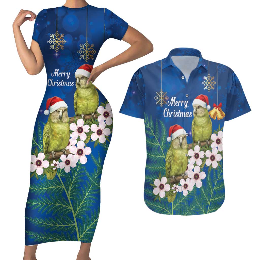 New Zealand Kakapo Christmas Couples Matching Short Sleeve Bodycon Dress and Hawaiian Shirt Owl Parrot Santa Sliver Fern Manuka - Blue - Aussie Hoodie
