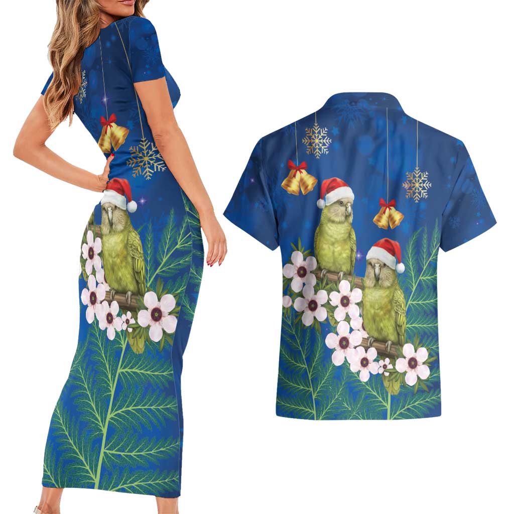 New Zealand Kakapo Christmas Couples Matching Short Sleeve Bodycon Dress and Hawaiian Shirt Owl Parrot Santa Sliver Fern Manuka - Blue - Aussie Hoodie