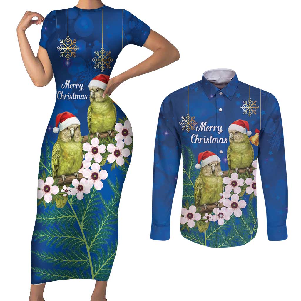 New Zealand Kakapo Christmas Couples Matching Short Sleeve Bodycon Dress and Long Sleeve Button Shirt Owl Parrot Santa Sliver Fern Manuka - Blue - Aussie Hoodie