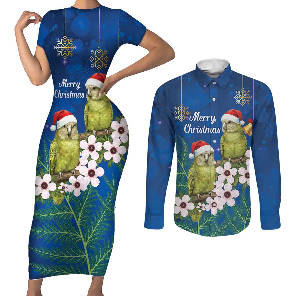 New Zealand Kakapo Christmas Couples Matching Short Sleeve Bodycon Dress and Long Sleeve Button Shirt Owl Parrot Santa Sliver Fern Manuka - Blue - Aussie Hoodie
