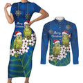 New Zealand Kakapo Christmas Couples Matching Short Sleeve Bodycon Dress and Long Sleeve Button Shirt Owl Parrot Santa Sliver Fern Manuka - Blue - Aussie Hoodie