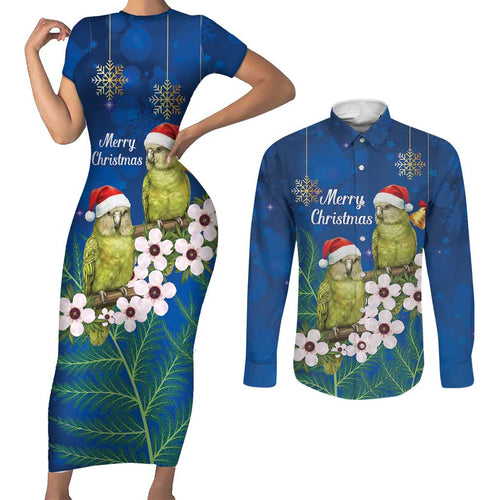 New Zealand Kakapo Christmas Couples Matching Short Sleeve Bodycon Dress and Long Sleeve Button Shirt Owl Parrot Santa Sliver Fern Manuka - Blue - Aussie Hoodie