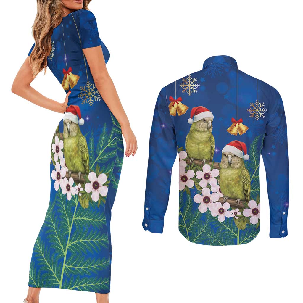 New Zealand Kakapo Christmas Couples Matching Short Sleeve Bodycon Dress and Long Sleeve Button Shirt Owl Parrot Santa Sliver Fern Manuka - Blue - Aussie Hoodie