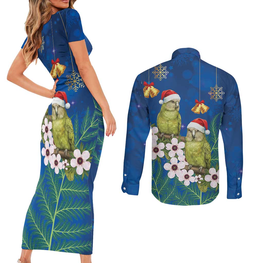 New Zealand Kakapo Christmas Couples Matching Short Sleeve Bodycon Dress and Long Sleeve Button Shirt Owl Parrot Santa Sliver Fern Manuka - Blue - Aussie Hoodie