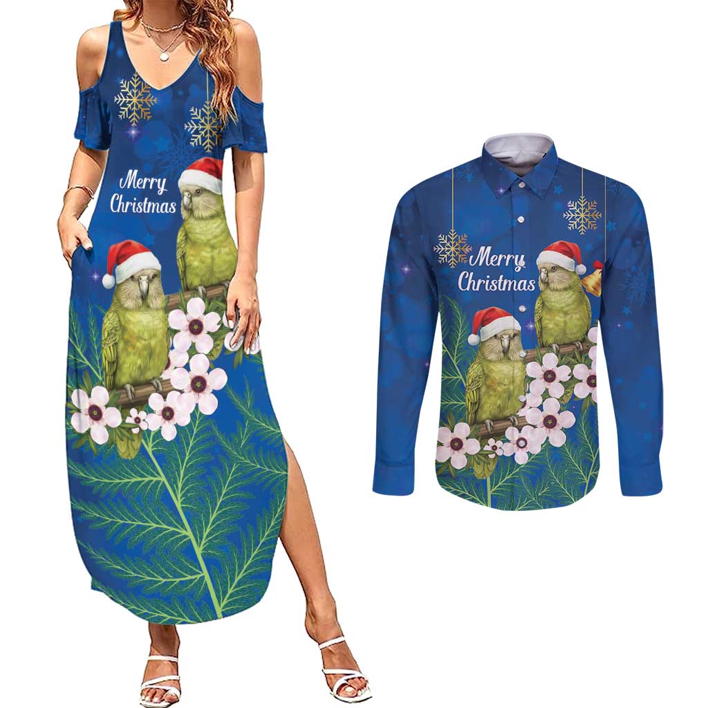 New Zealand Kakapo Christmas Couples Matching Summer Maxi Dress and Long Sleeve Button Shirt Owl Parrot Santa Sliver Fern Manuka - Blue - Aussie Hoodie