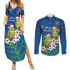 New Zealand Kakapo Christmas Couples Matching Summer Maxi Dress and Long Sleeve Button Shirt Owl Parrot Santa Sliver Fern Manuka - Blue - Aussie Hoodie