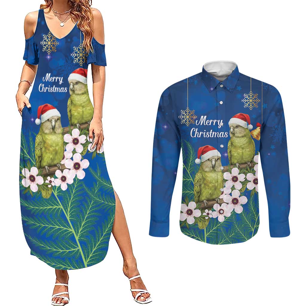 New Zealand Kakapo Christmas Couples Matching Summer Maxi Dress and Long Sleeve Button Shirt Owl Parrot Santa Sliver Fern Manuka - Blue - Aussie Hoodie