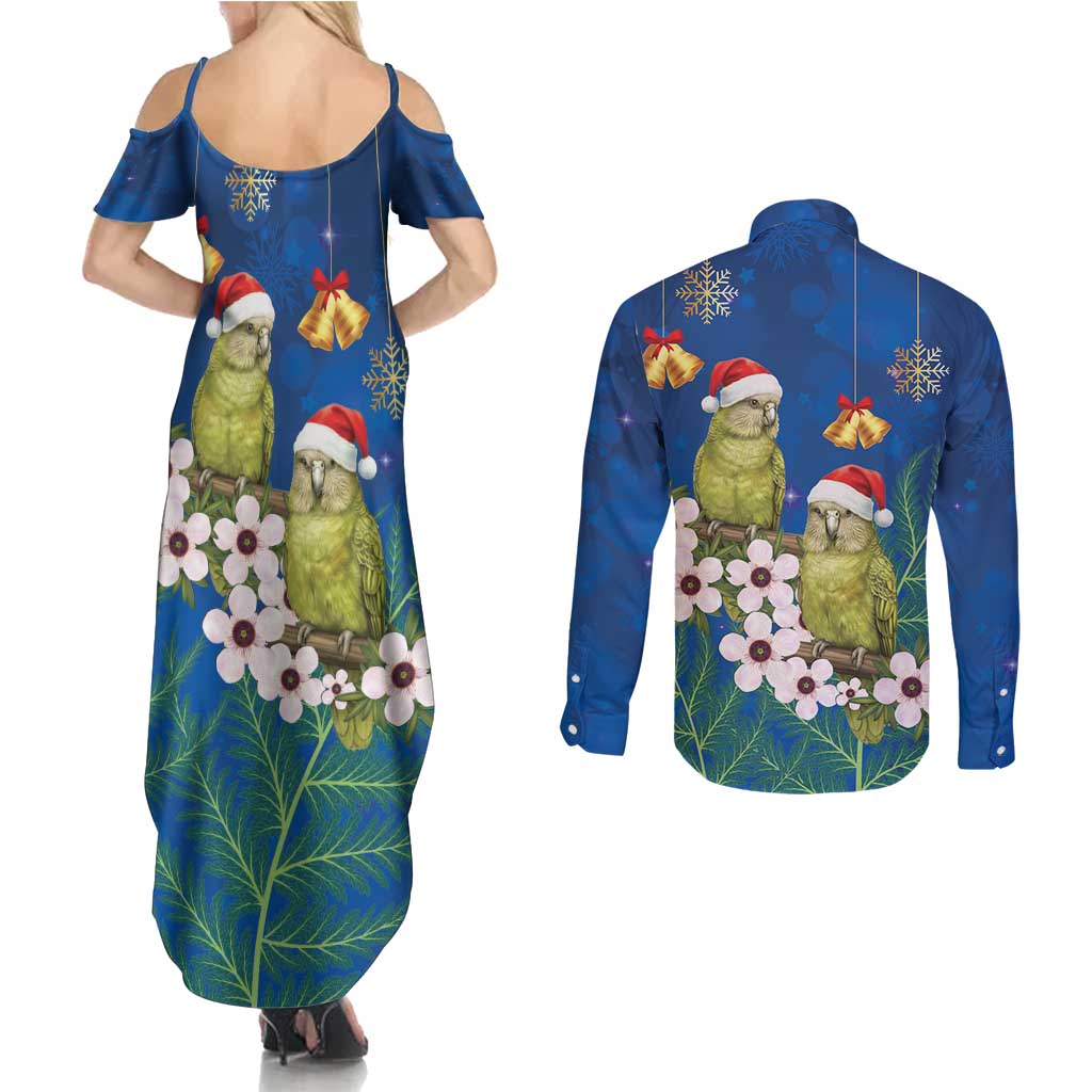 New Zealand Kakapo Christmas Couples Matching Summer Maxi Dress and Long Sleeve Button Shirt Owl Parrot Santa Sliver Fern Manuka - Blue - Aussie Hoodie