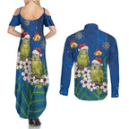 New Zealand Kakapo Christmas Couples Matching Summer Maxi Dress and Long Sleeve Button Shirt Owl Parrot Santa Sliver Fern Manuka - Blue - Aussie Hoodie