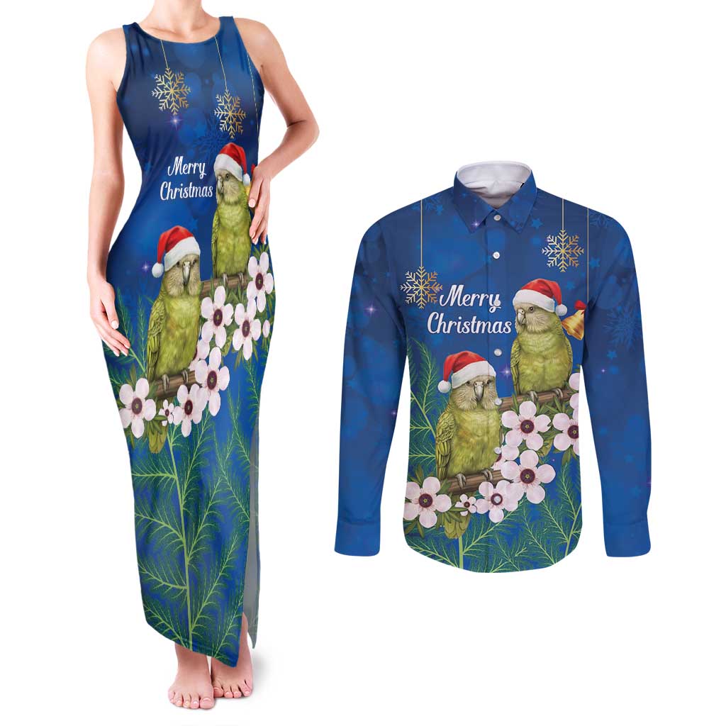 New Zealand Kakapo Christmas Couples Matching Tank Maxi Dress and Long Sleeve Button Shirt Owl Parrot Santa Sliver Fern Manuka - Blue - Aussie Hoodie