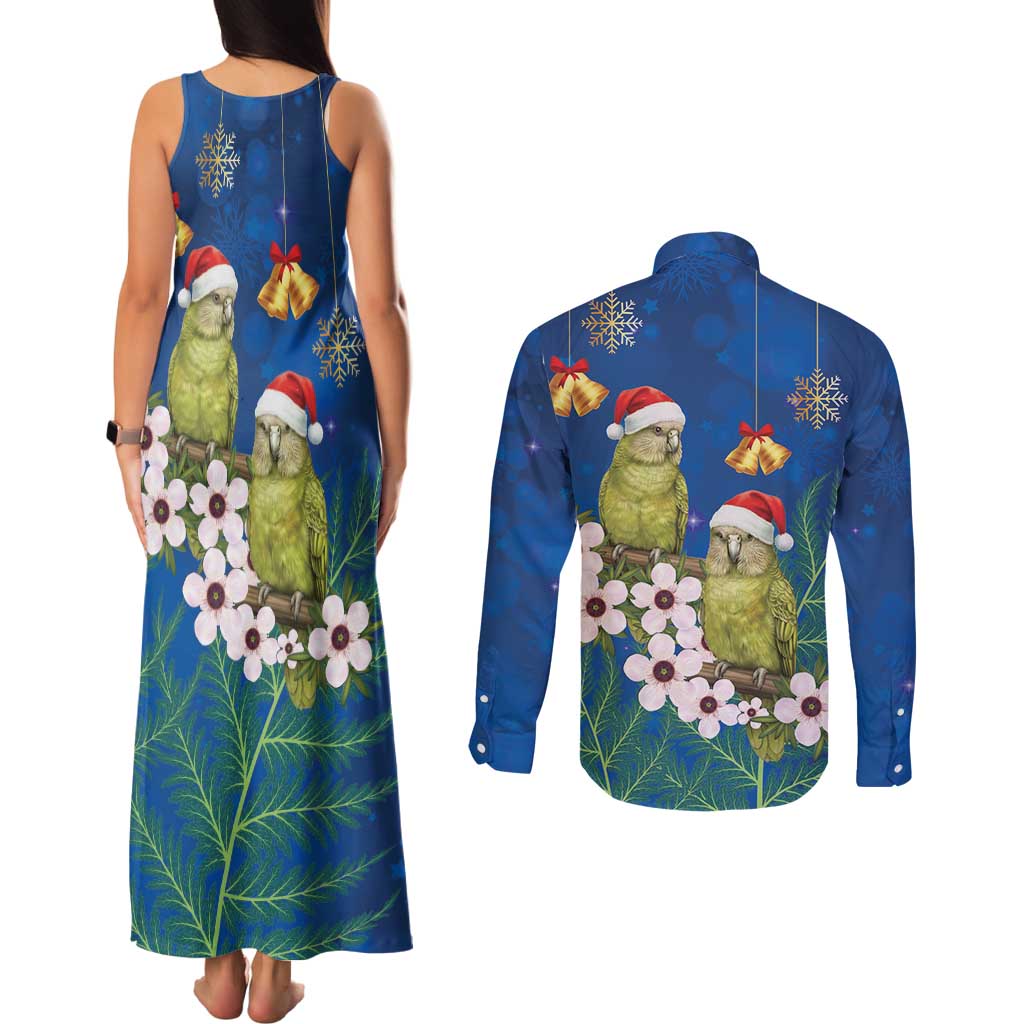 New Zealand Kakapo Christmas Couples Matching Tank Maxi Dress and Long Sleeve Button Shirt Owl Parrot Santa Sliver Fern Manuka - Blue - Aussie Hoodie
