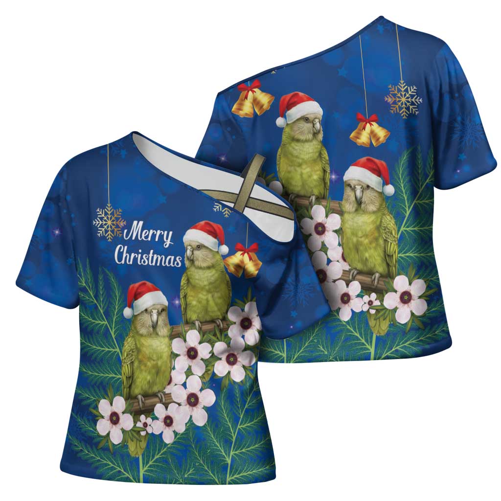 New Zealand Kakapo Christmas Cross Shoulder Shirt Owl Parrot Santa Sliver Fern Manuka - Blue - Aussie Hoodie