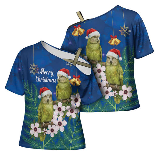 New Zealand Kakapo Christmas Cross Shoulder Shirt Owl Parrot Santa Sliver Fern Manuka - Blue - Aussie Hoodie