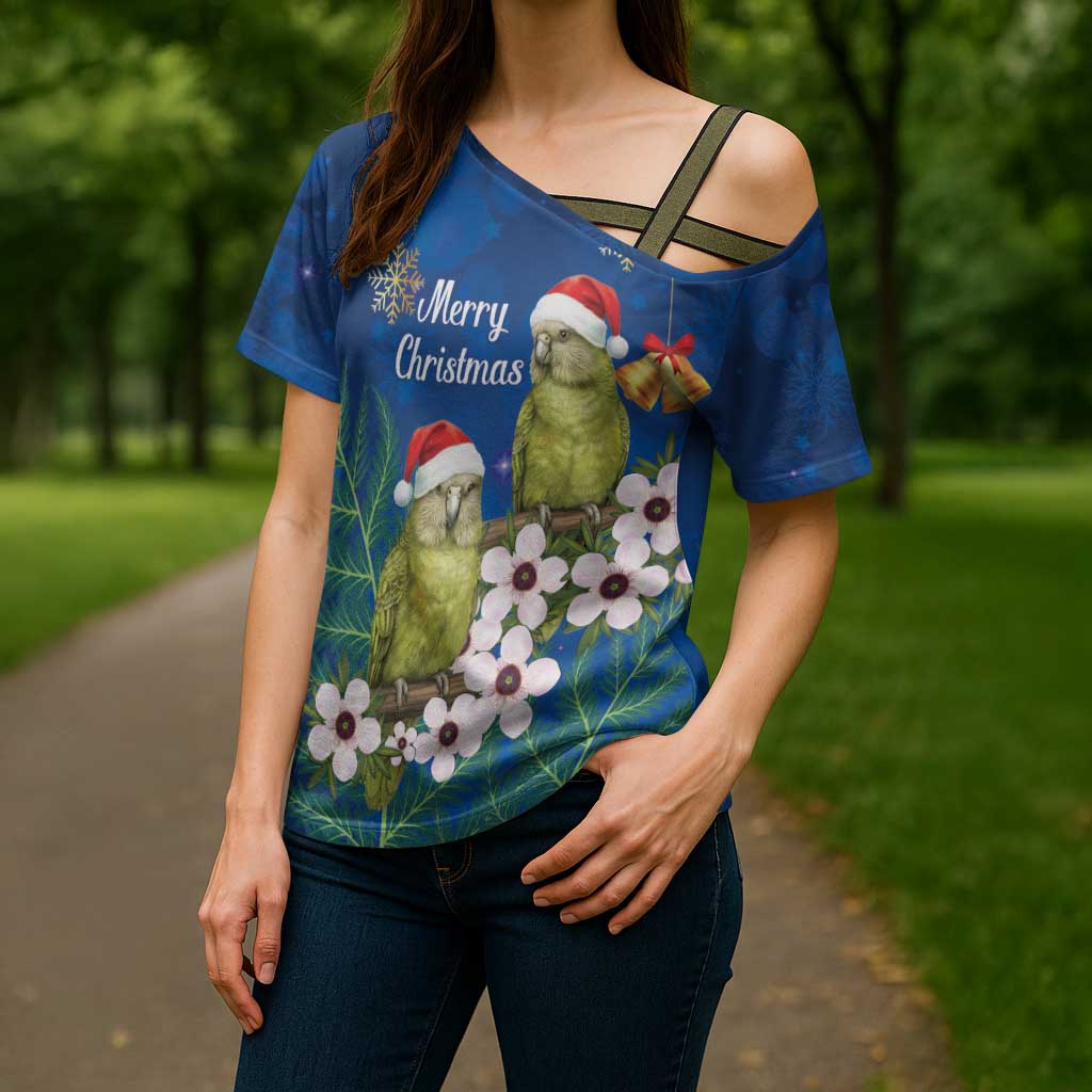 New Zealand Kakapo Christmas Cross Shoulder Shirt Owl Parrot Santa Sliver Fern Manuka - Blue - Aussie Hoodie