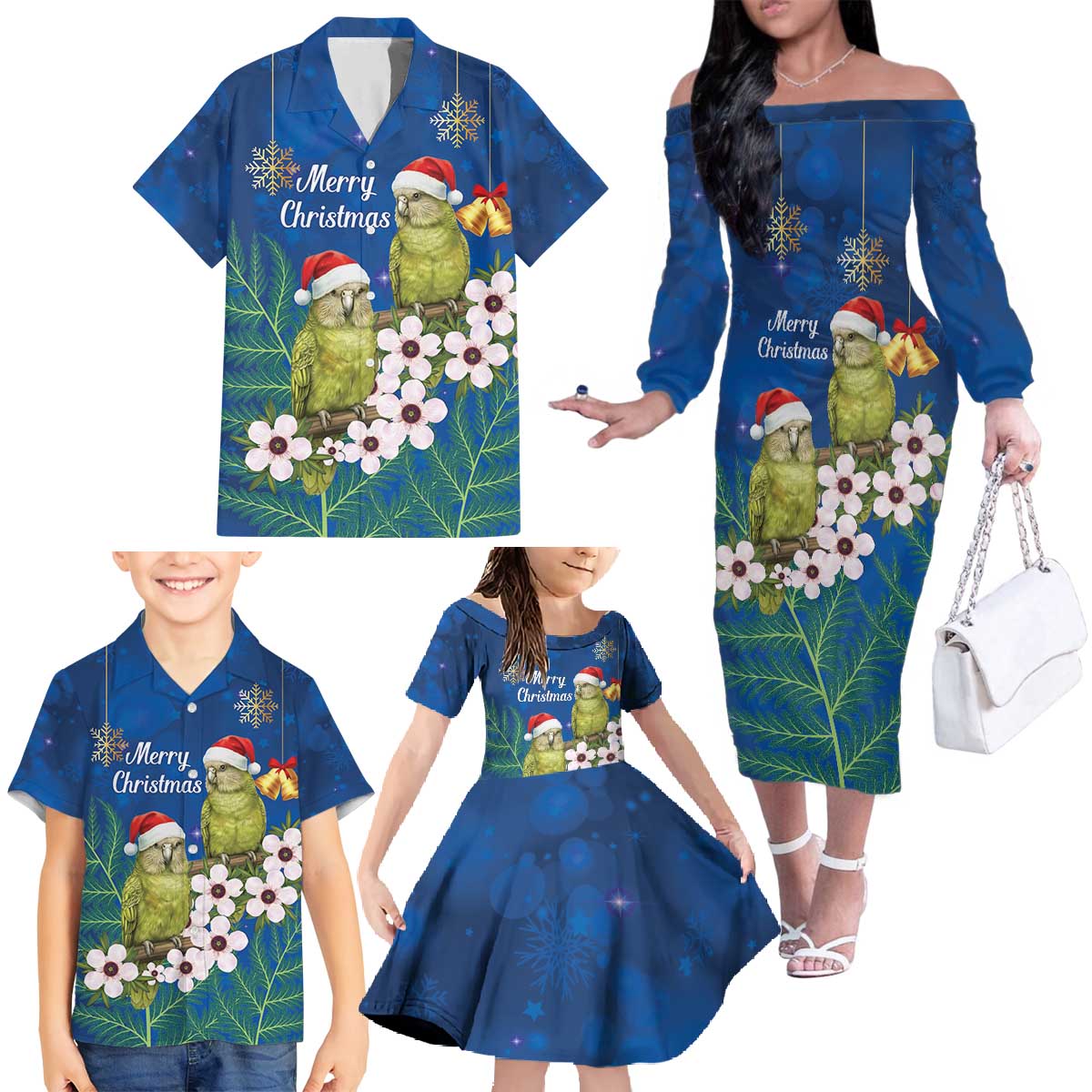 New Zealand Kakapo Christmas Family Matching Off The Shoulder Long Sleeve Dress and Hawaiian Shirt Owl Parrot Santa Sliver Fern Manuka - Blue - Aussie Hoodie