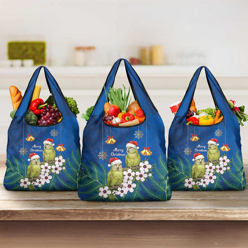 New Zealand Kakapo Christmas Grocery Bag Owl Parrot Santa Sliver Fern Manuka - Blue - Aussie Hoodie