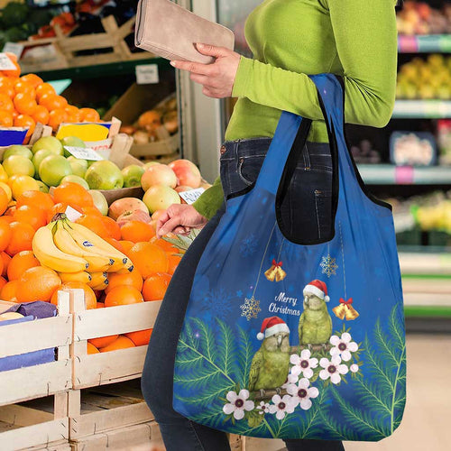New Zealand Kakapo Christmas Grocery Bag Owl Parrot Santa Sliver Fern Manuka - Blue - Aussie Hoodie