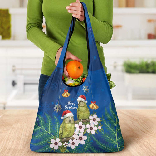 New Zealand Kakapo Christmas Grocery Bag Owl Parrot Santa Sliver Fern Manuka - Blue - Aussie Hoodie