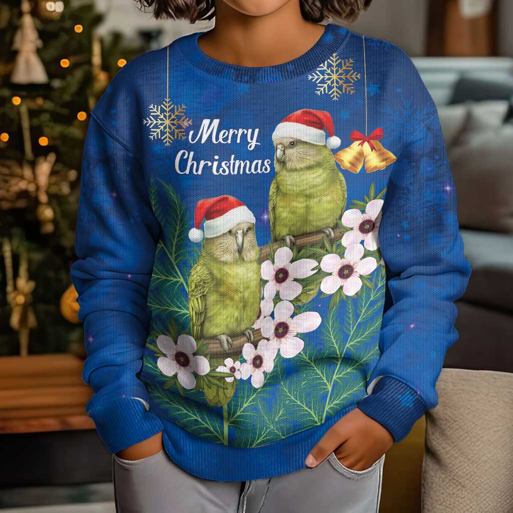 New Zealand Kakapo Christmas Kid Ugly Christmas Sweater Owl Parrot Santa Sliver Fern Manuka - Blue - Aussie Hoodie