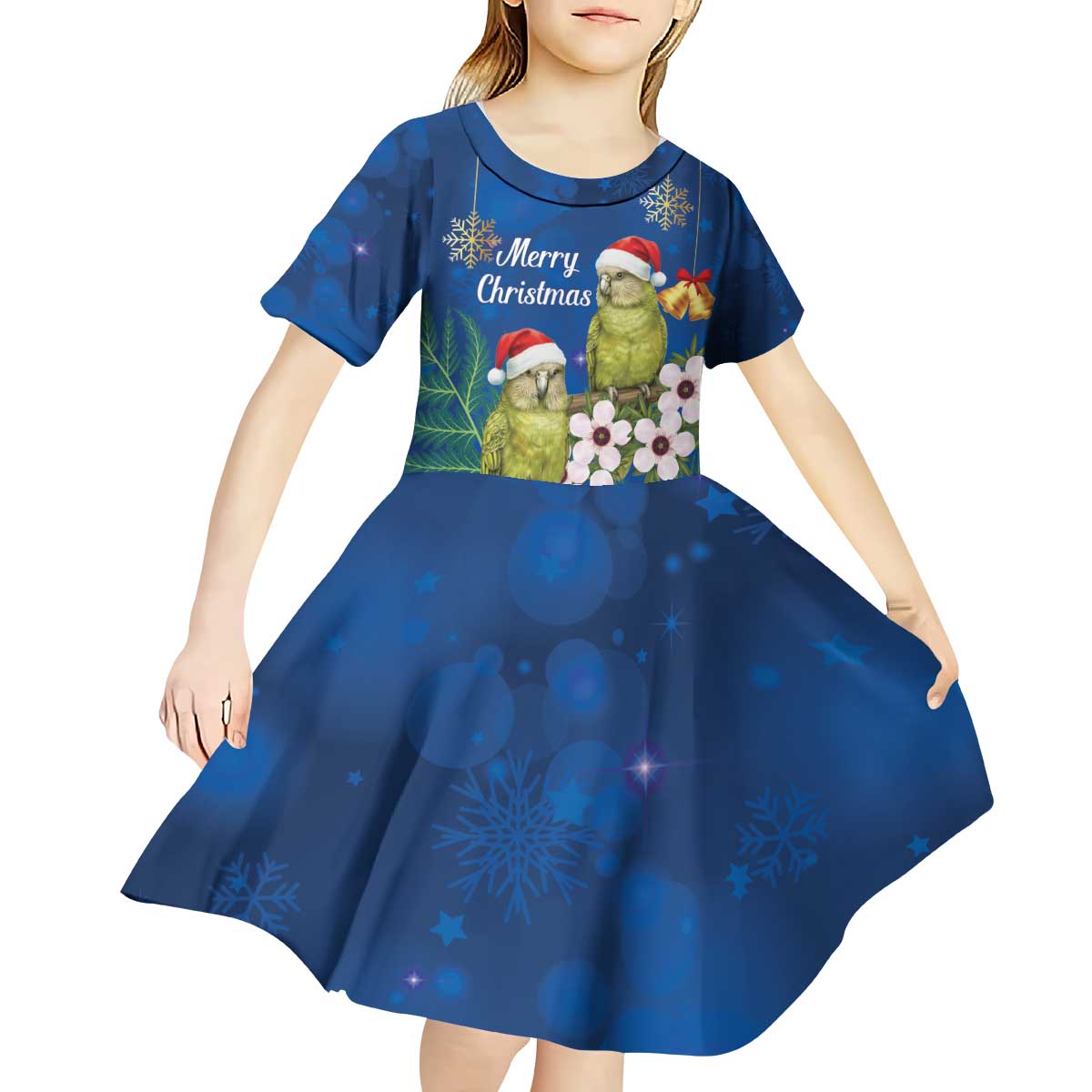 New Zealand Kakapo Christmas Kid Short Sleeve Dress Owl Parrot Santa Sliver Fern Manuka - Blue - Aussie Hoodie