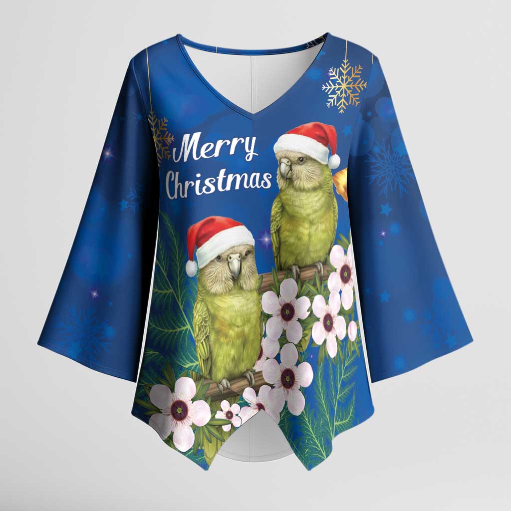New Zealand Kakapo Christmas Kimono Sleeve Blouse Owl Parrot Santa Sliver Fern Manuka - Blue - Aussie Hoodie