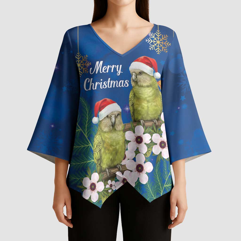 New Zealand Kakapo Christmas Kimono Sleeve Blouse Owl Parrot Santa Sliver Fern Manuka - Blue - Aussie Hoodie