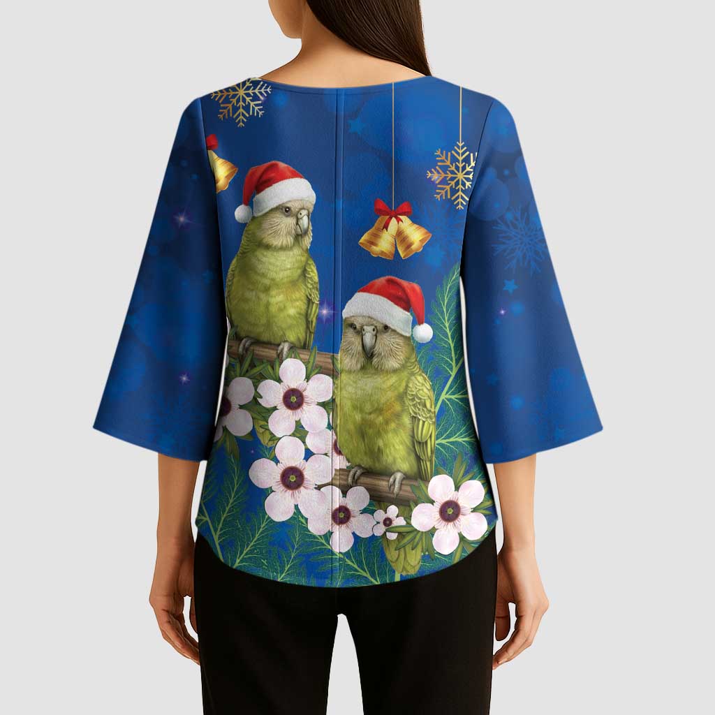 New Zealand Kakapo Christmas Kimono Sleeve Blouse Owl Parrot Santa Sliver Fern Manuka - Blue - Aussie Hoodie