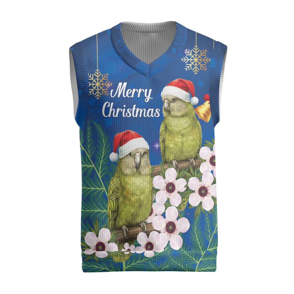 New Zealand Kakapo Christmas Knitted V-Neck Vest Owl Parrot Santa Sliver Fern Manuka - Blue - Aussie Hoodie