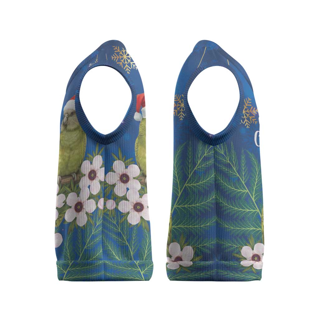 New Zealand Kakapo Christmas Knitted V-Neck Vest Owl Parrot Santa Sliver Fern Manuka - Blue - Aussie Hoodie