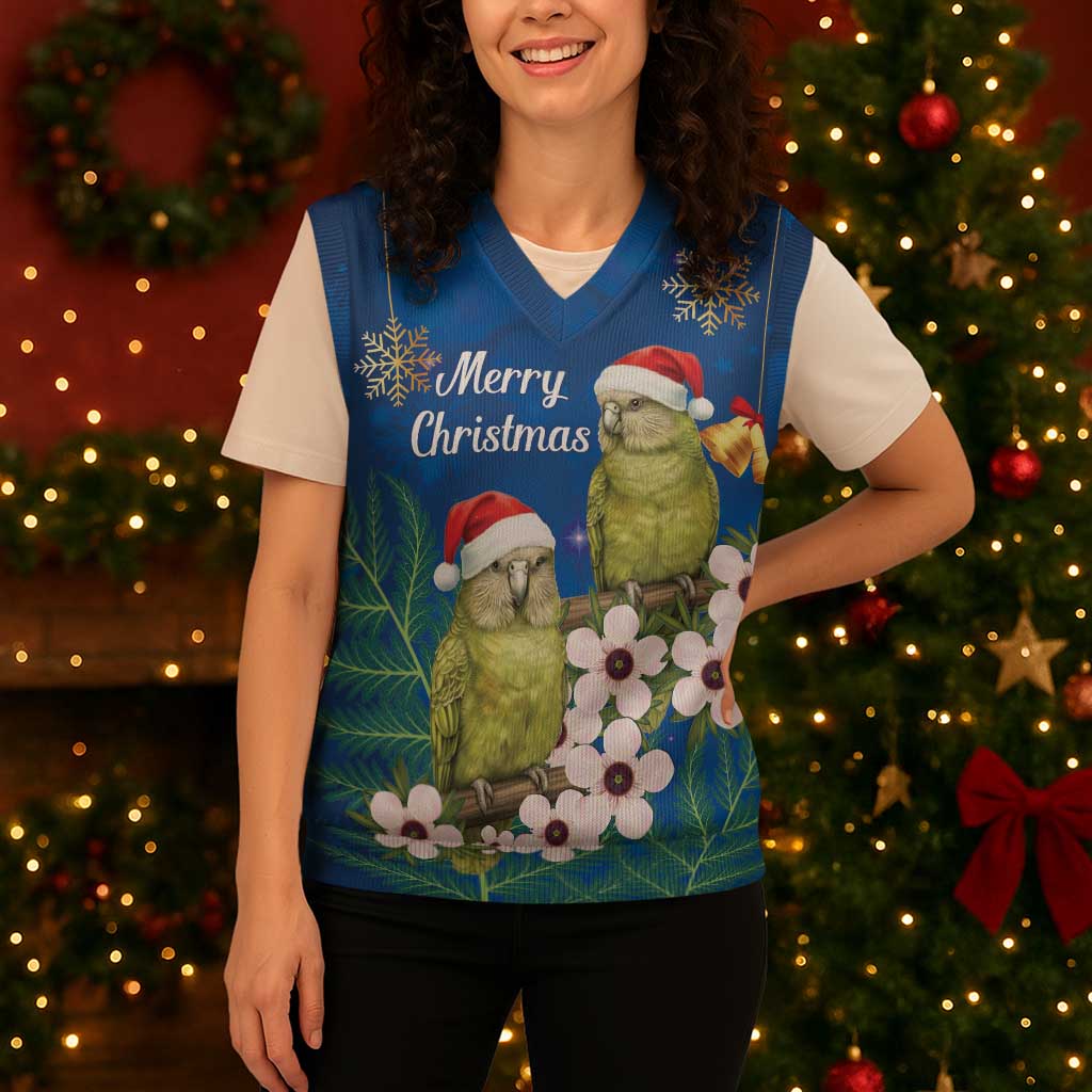 New Zealand Kakapo Christmas Knitted V-Neck Vest Owl Parrot Santa Sliver Fern Manuka - Blue - Aussie Hoodie