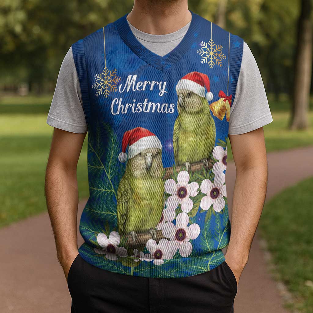 New Zealand Kakapo Christmas Knitted V-Neck Vest Owl Parrot Santa Sliver Fern Manuka - Blue - Aussie Hoodie