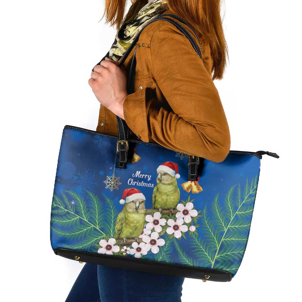 New Zealand Kakapo Christmas Leather Tote Bag Owl Parrot Santa Sliver Fern Manuka - Blue - Aussie Hoodie