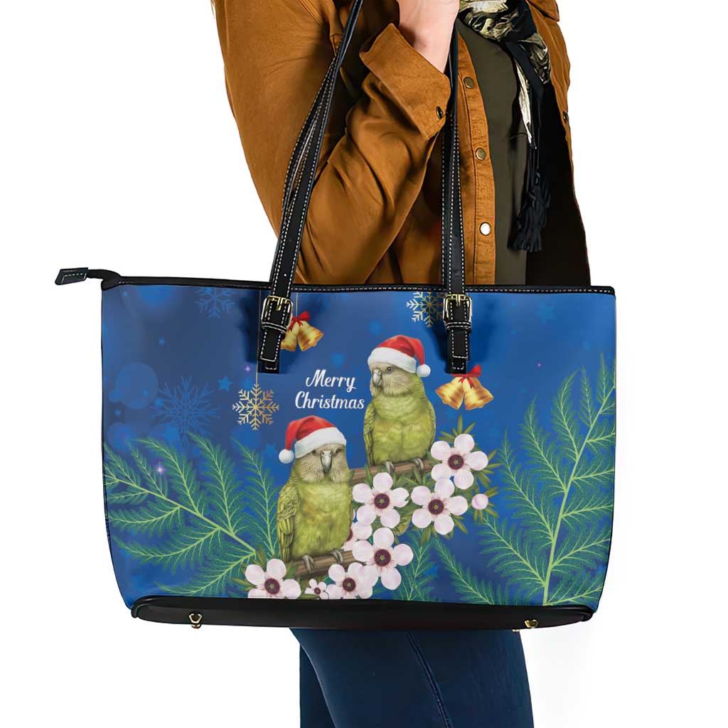 New Zealand Kakapo Christmas Leather Tote Bag Owl Parrot Santa Sliver Fern Manuka - Blue - Aussie Hoodie
