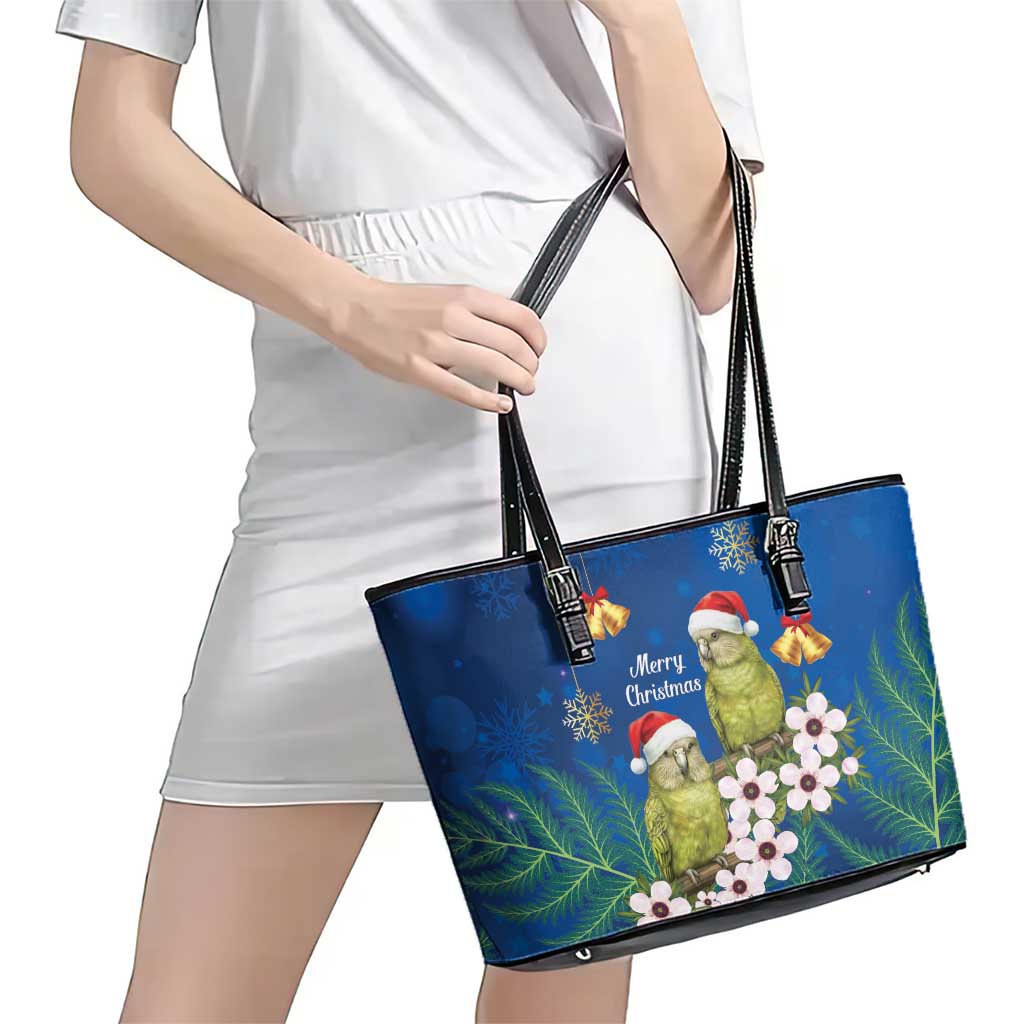 New Zealand Kakapo Christmas Leather Tote Bag Owl Parrot Santa Sliver Fern Manuka - Blue - Aussie Hoodie
