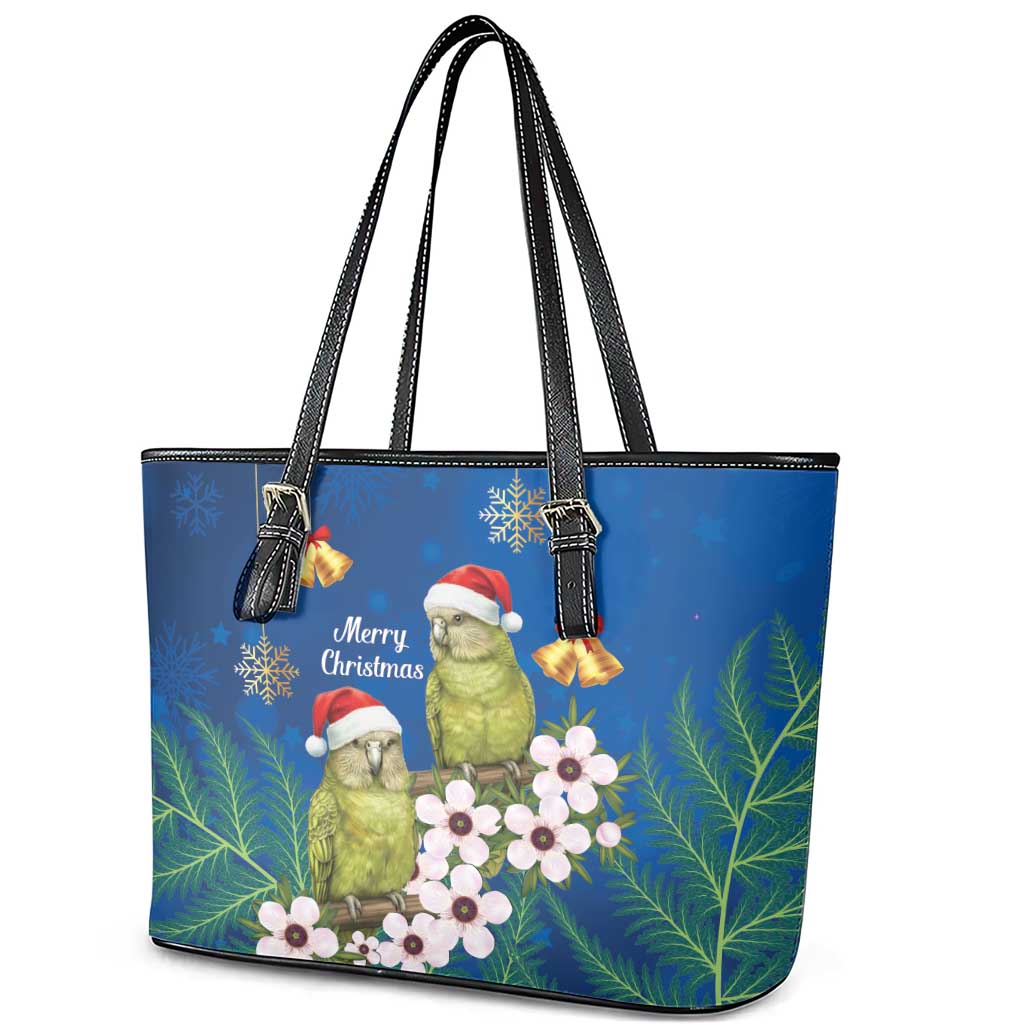 New Zealand Kakapo Christmas Leather Tote Bag Owl Parrot Santa Sliver Fern Manuka - Blue - Aussie Hoodie