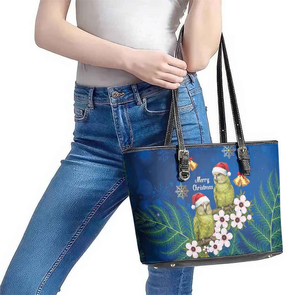 New Zealand Kakapo Christmas Leather Tote Bag Owl Parrot Santa Sliver Fern Manuka - Blue - Aussie Hoodie