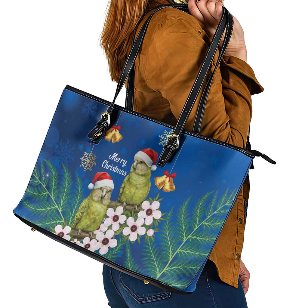 New Zealand Kakapo Christmas Leather Tote Bag Owl Parrot Santa Sliver Fern Manuka - Blue - Aussie Hoodie