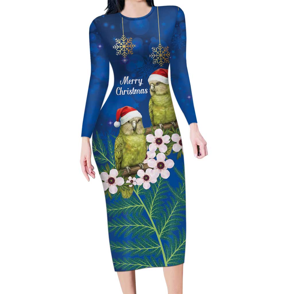 New Zealand Kakapo Christmas Long Sleeve Bodycon Dress Owl Parrot Santa Sliver Fern Manuka - Blue - Aussie Hoodie