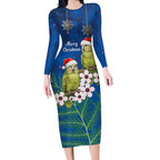 New Zealand Kakapo Christmas Long Sleeve Bodycon Dress Owl Parrot Santa Sliver Fern Manuka - Blue - Aussie Hoodie
