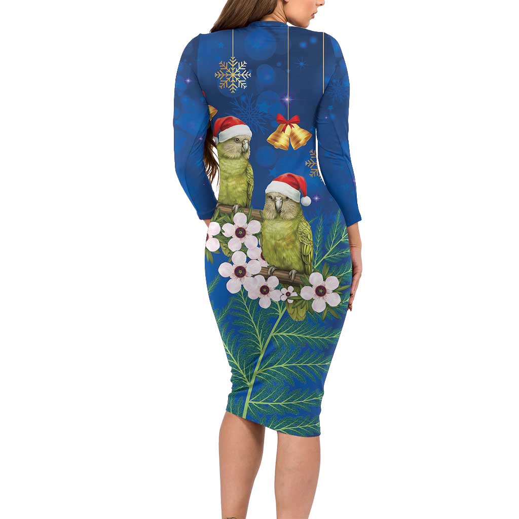 New Zealand Kakapo Christmas Long Sleeve Bodycon Dress Owl Parrot Santa Sliver Fern Manuka - Blue - Aussie Hoodie