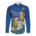 New Zealand Kakapo Christmas Long Sleeve Button Shirt Owl Parrot Santa Sliver Fern Manuka - Blue - Aussie Hoodie